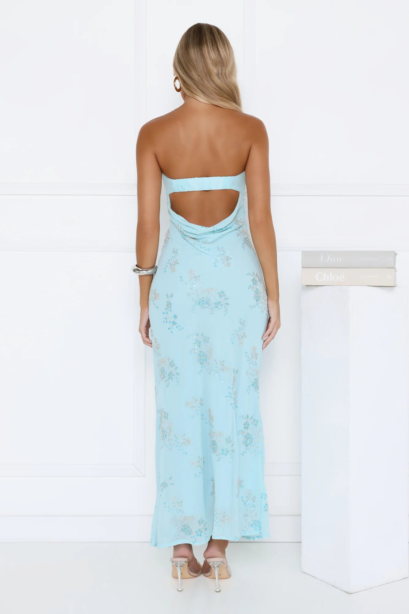 Sparkling Floral Embellished Strapless Maxi Blue